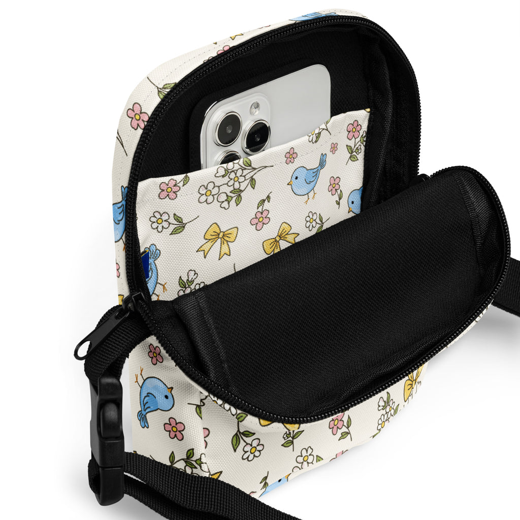 Floral Blue Bird Crossbody Bag – Water Resistant Mini Purse With Adjustable Strap & Pockets
