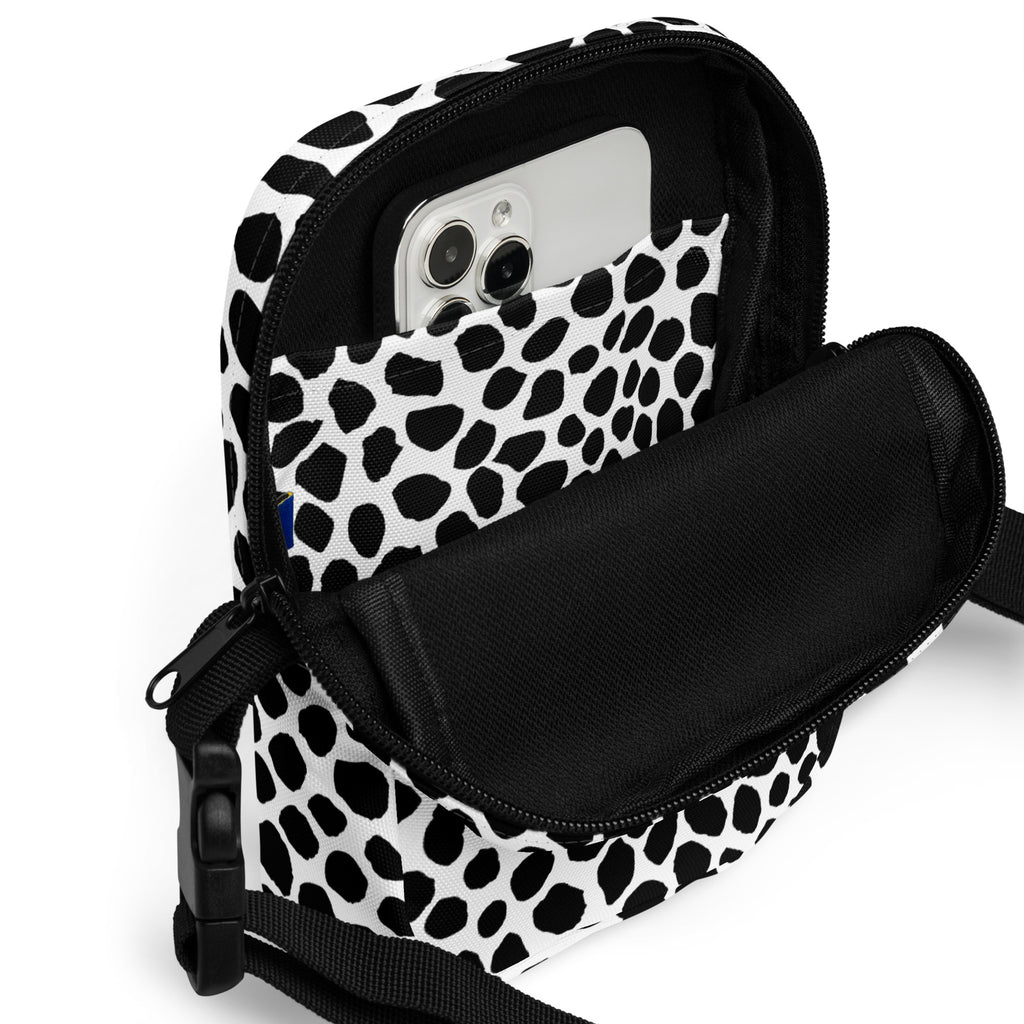 Black & White Cow Print Crossbody Bag – Water Resistant Mini Purse With Adjustable Strap & Pockets