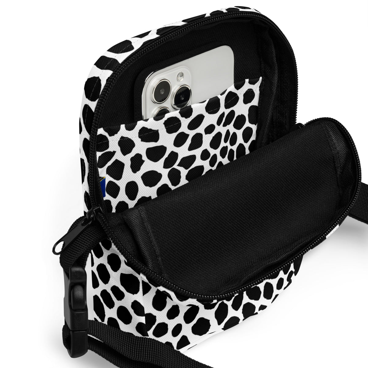 Black & White Cow Print Crossbody Bag – Water Resistant Mini Purse With Adjustable Strap & Pockets