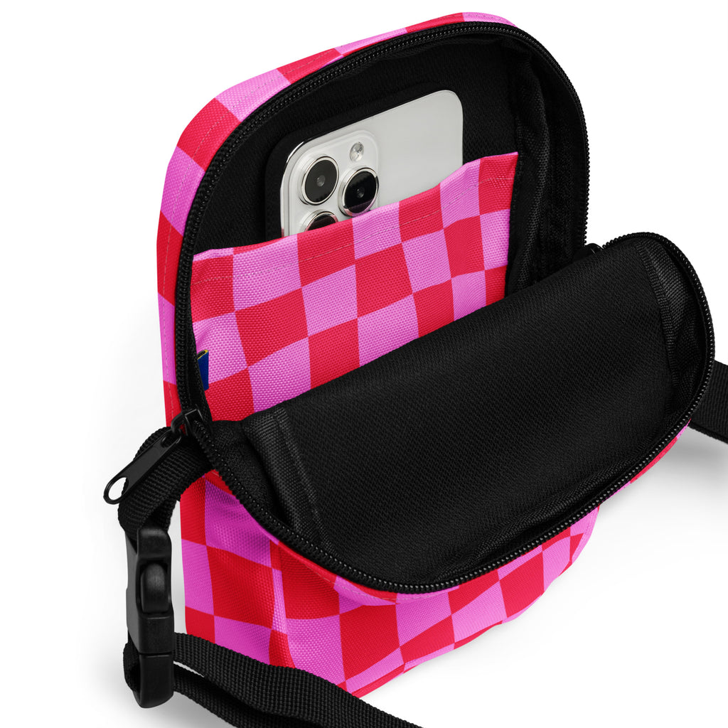 Bright Pink Checkered Crossbody Bag – Water Resistant Mini Purse With Adjustable Strap & Pockets