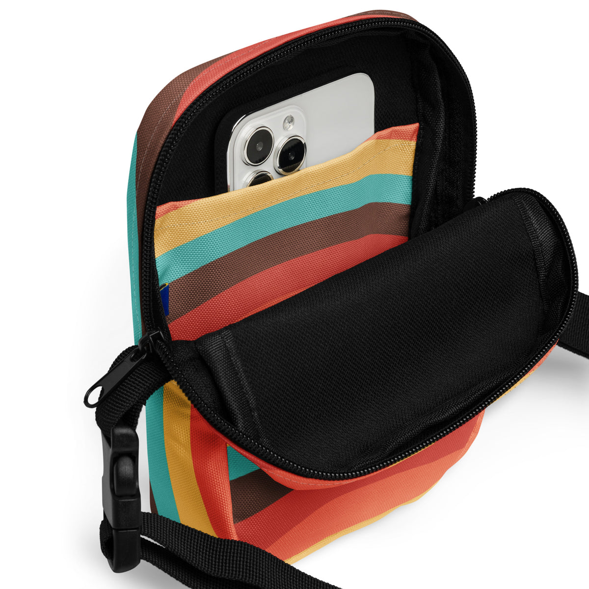 Retro Rainbow Stripe Crossbody Bag – Water Resistant Mini Purse With Adjustable Strap & Pockets