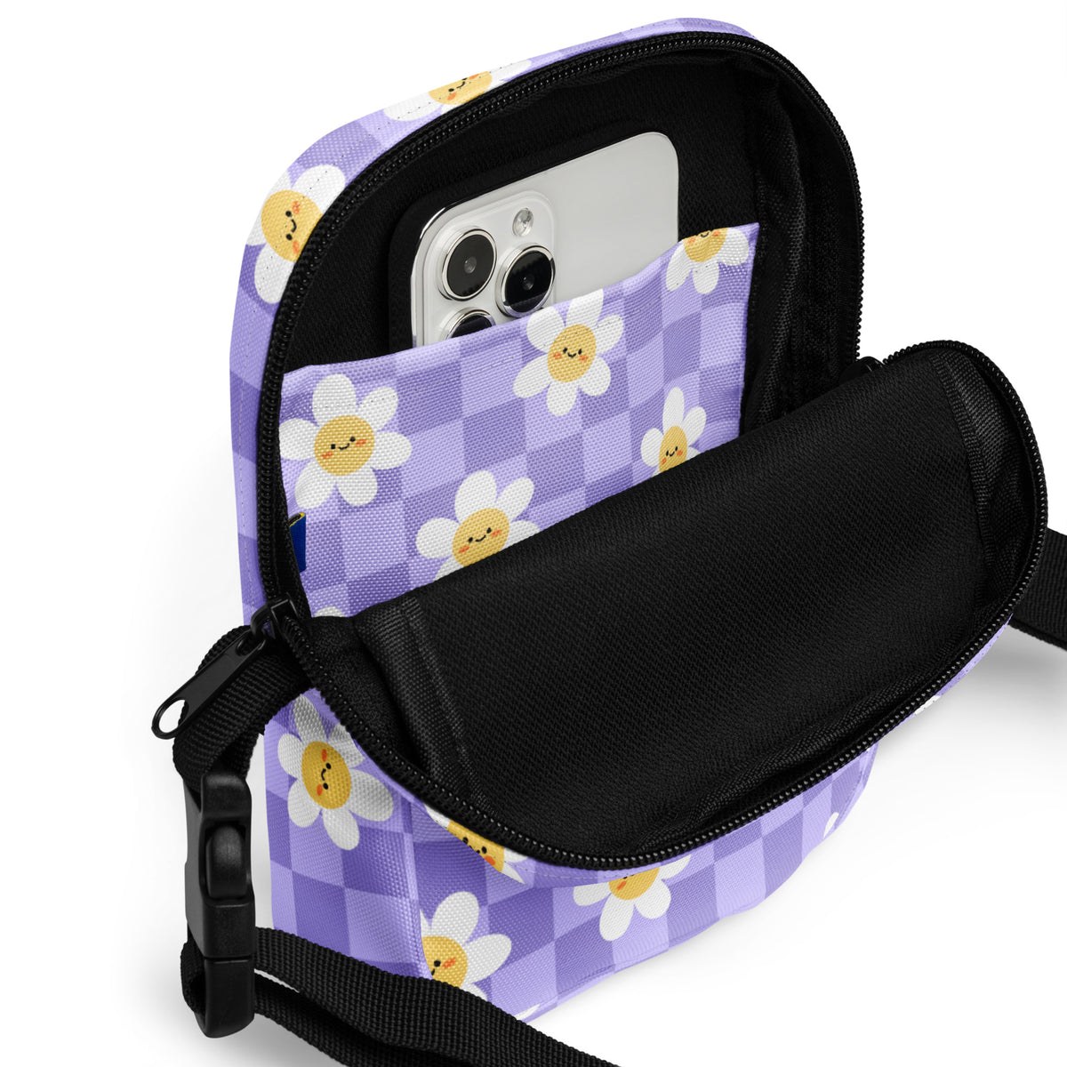 Purple Daisy Checkered Crossbody Bag – Water Resistant Mini Purse With Adjustable Strap & Pockets