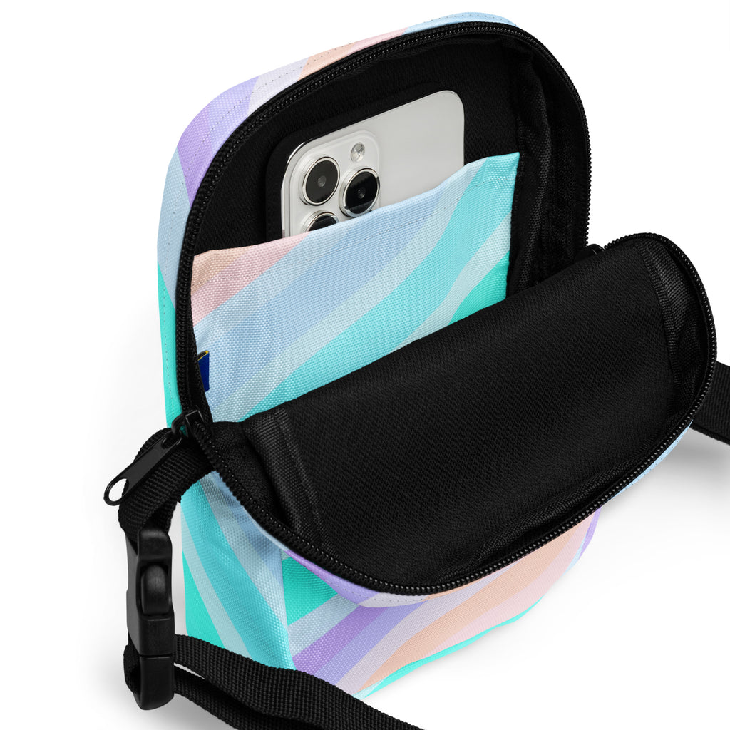 Striped Blue, Purple, & Aqua Crossbody Bag – Water Resistant Mini Purse With Adjustable Strap & Pockets