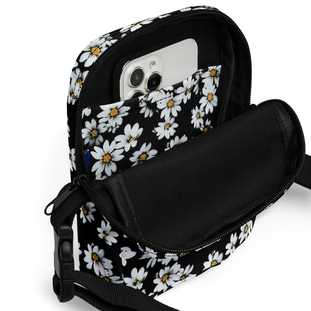 Girls Black Daisy Crossbody Bag – Water Resistant Mini Purse With Adjustable Strap & Pockets