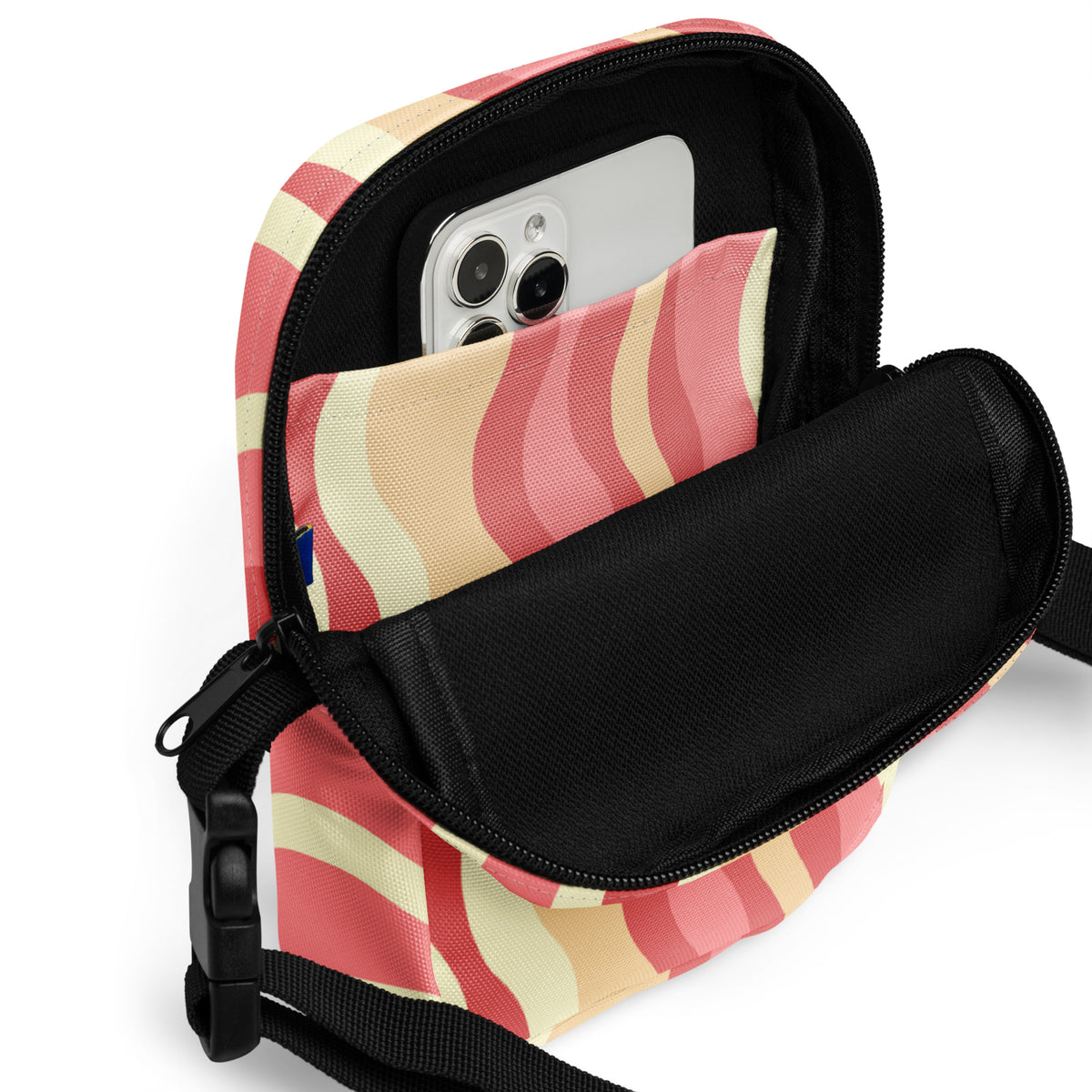 Pink Wavy Stripe Crossbody Bag – Water Resistant Mini Purse With Adjustable Strap & Pockets