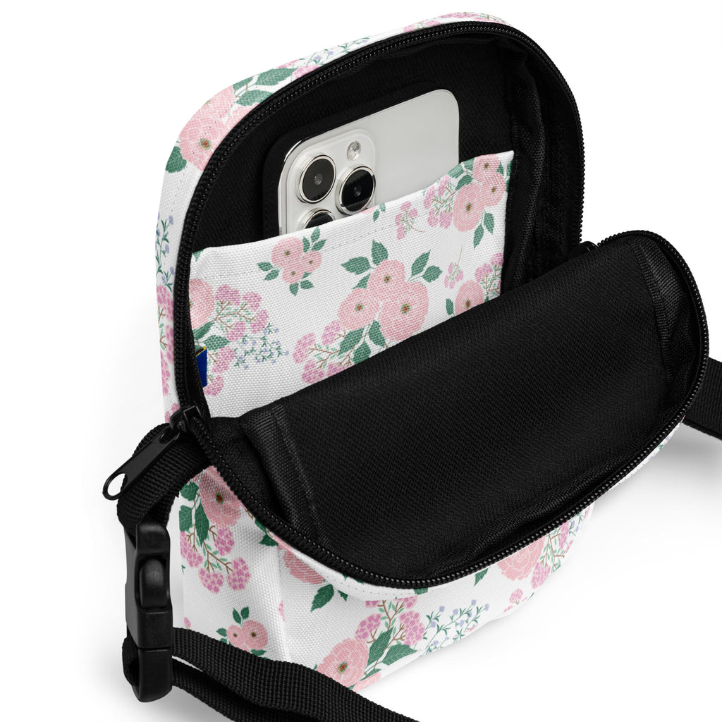 Girls Pink Flowers Crossbody Bag – Water Resistant Mini Purse With Adjustable Strap & Pockets