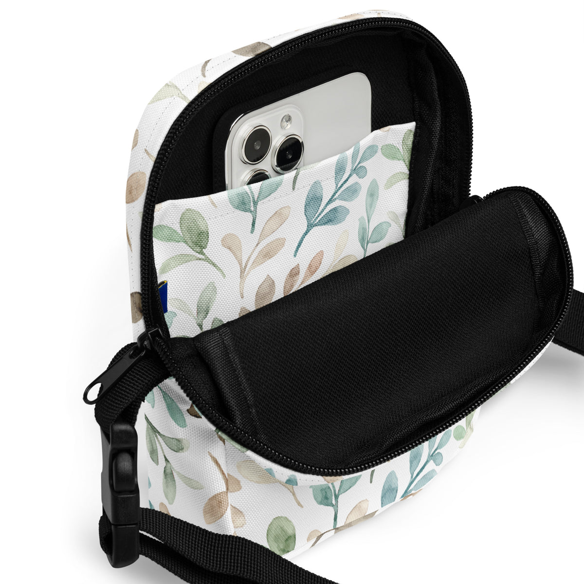 Watercolor Leaf Crossbody Bag – Water Resistant Mini Purse With Adjustable Strap & Pockets