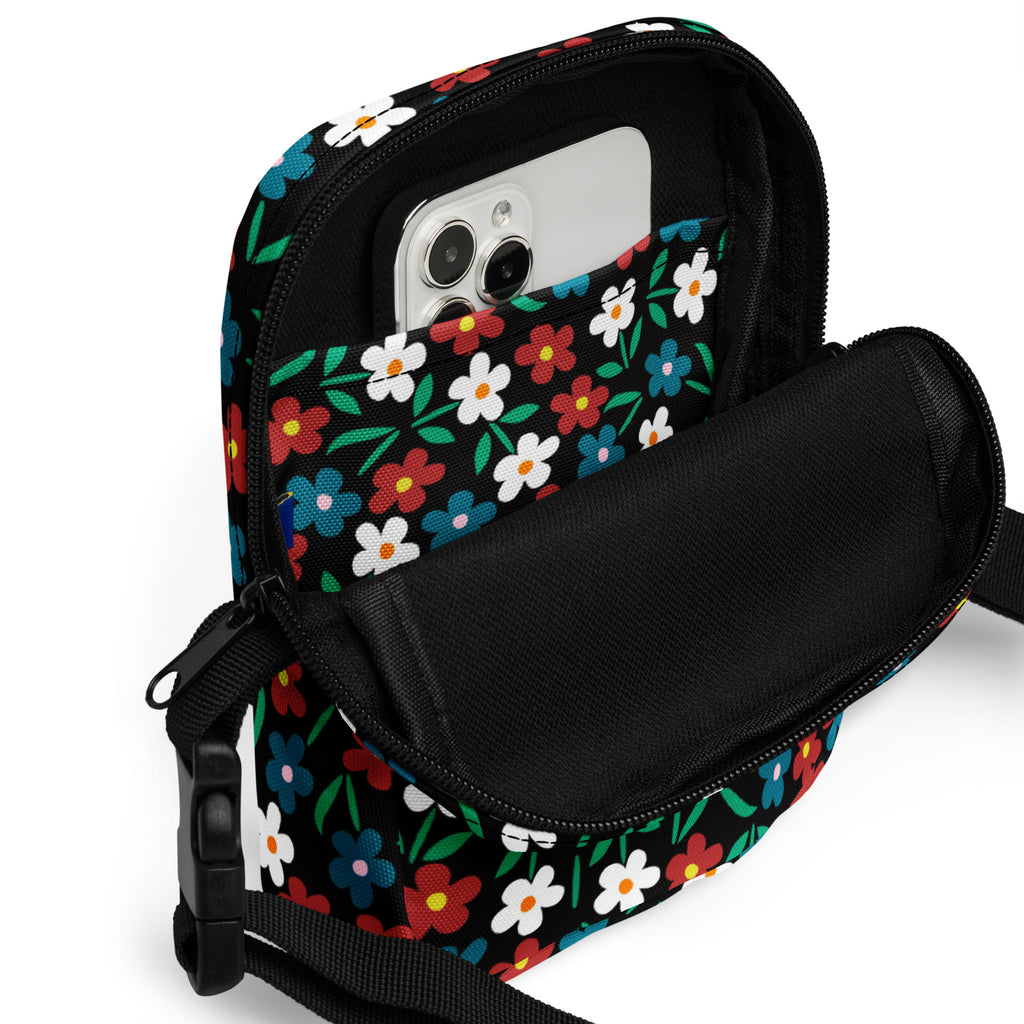 Girls Black Wildflower Crossbody Bag – Water Resistant Mini Purse With Adjustable Strap & Pockets