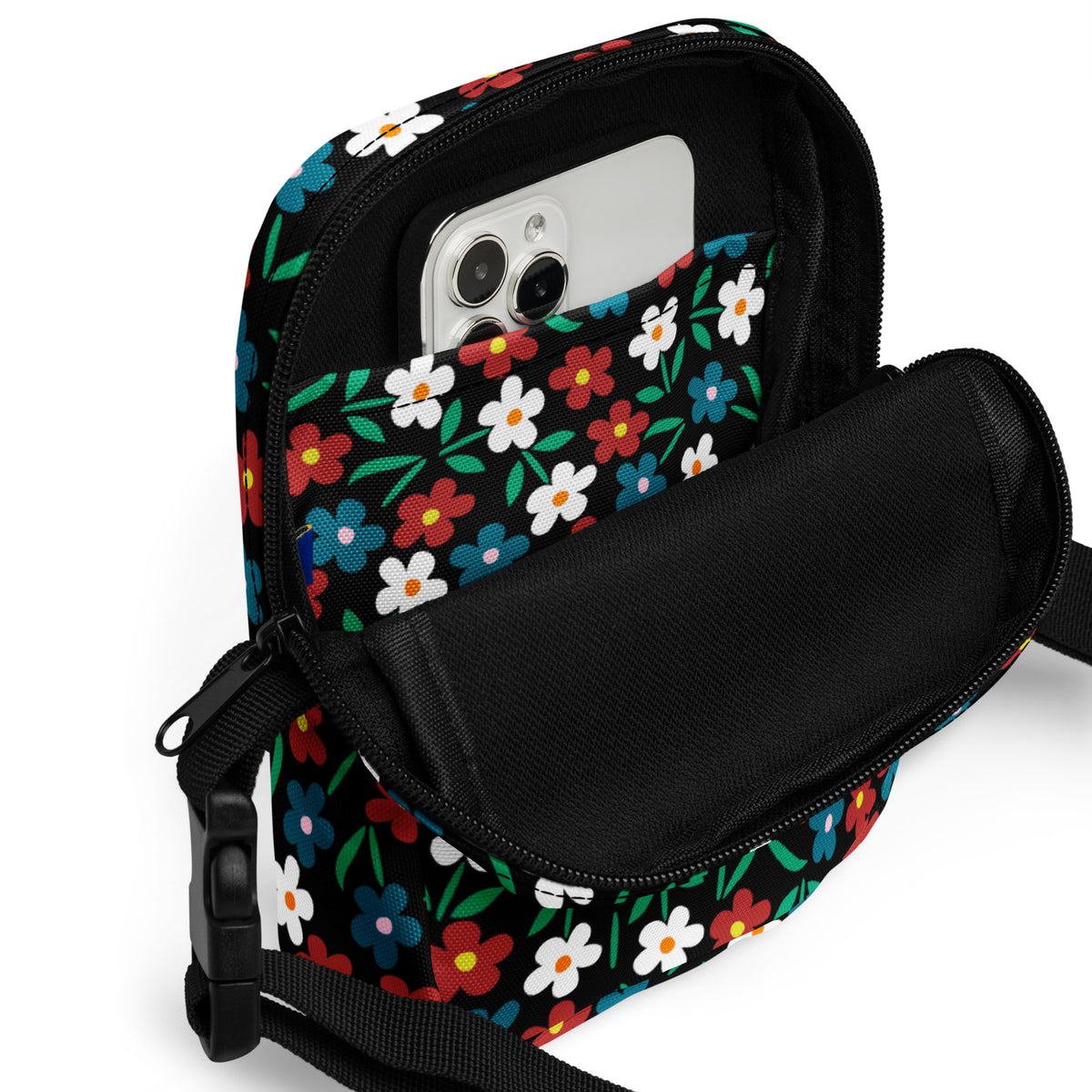 Girls Black Wildflower Crossbody Bag – Water Resistant Mini Purse With Adjustable Strap & Pockets