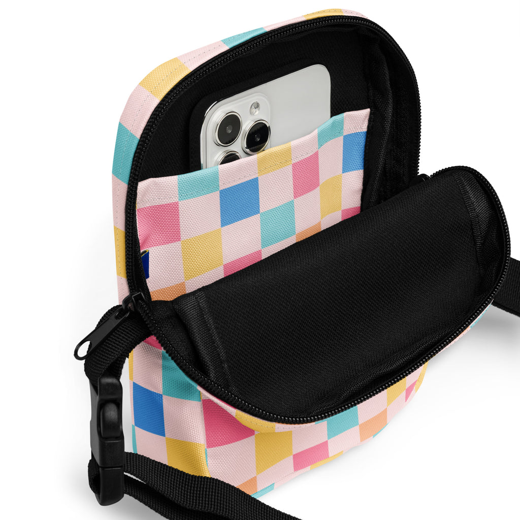 Pastel Checkered Crossbody Bag – Water Resistant Mini Purse With Adjustable Strap & Pockets