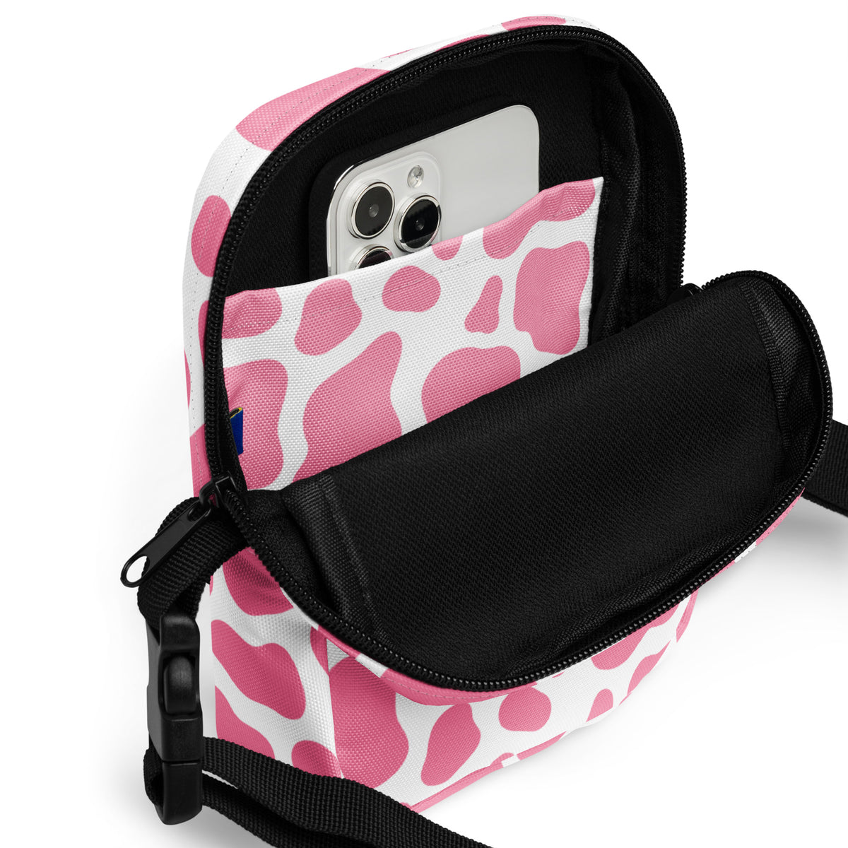 Pink Cow Print Crossbody Bag – Water Resistant Mini Purse With Adjustable Strap & Pockets
