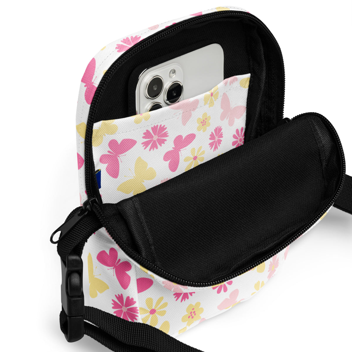 Pink Butterfly & Flower Crossbody Bag – Water Resistant Mini Purse With Adjustable Strap & Pockets