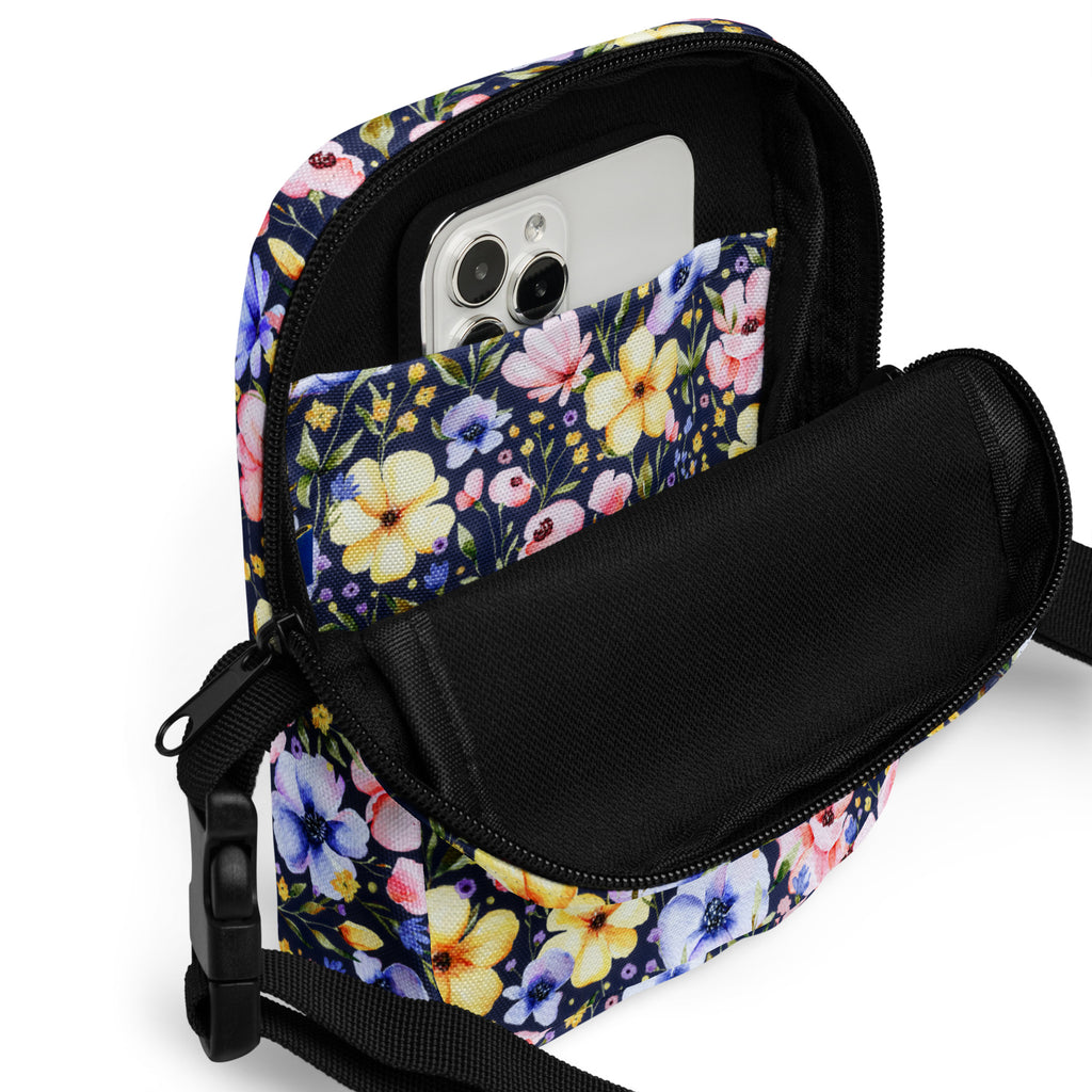 Colorful Watercolor Wildflower Crossbody Bag – Water Resistant Mini Purse With Adjustable Strap & Pockets