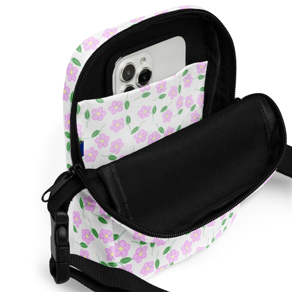 Pink Flowers Crossbody Bag – Water Resistant Mini Purse With Adjustable Strap & Pockets