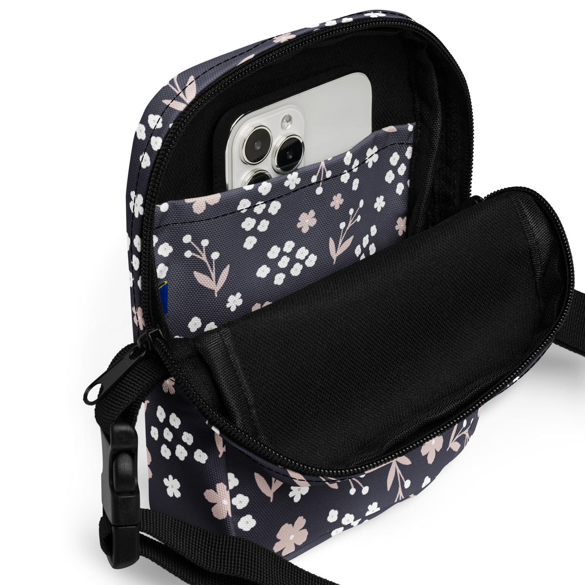 Charcoal Floral Crossbody Bag – Water Resistant Mini Purse With Adjustable Strap & Pockets
