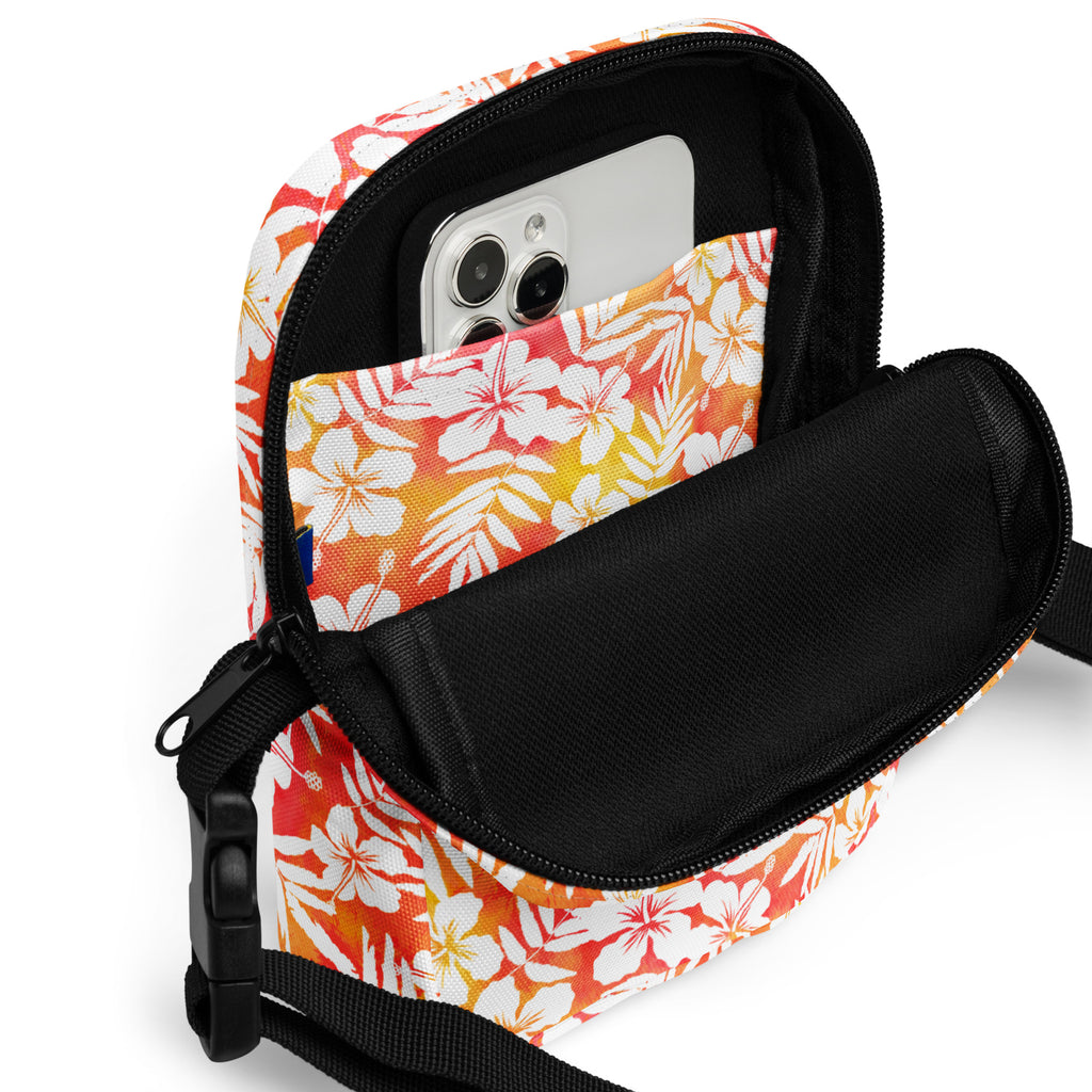 Orange Tropical Floral Hibiscus Crossbody Bag – Water Resistant Mini Purse With Adjustable Strap & Pockets