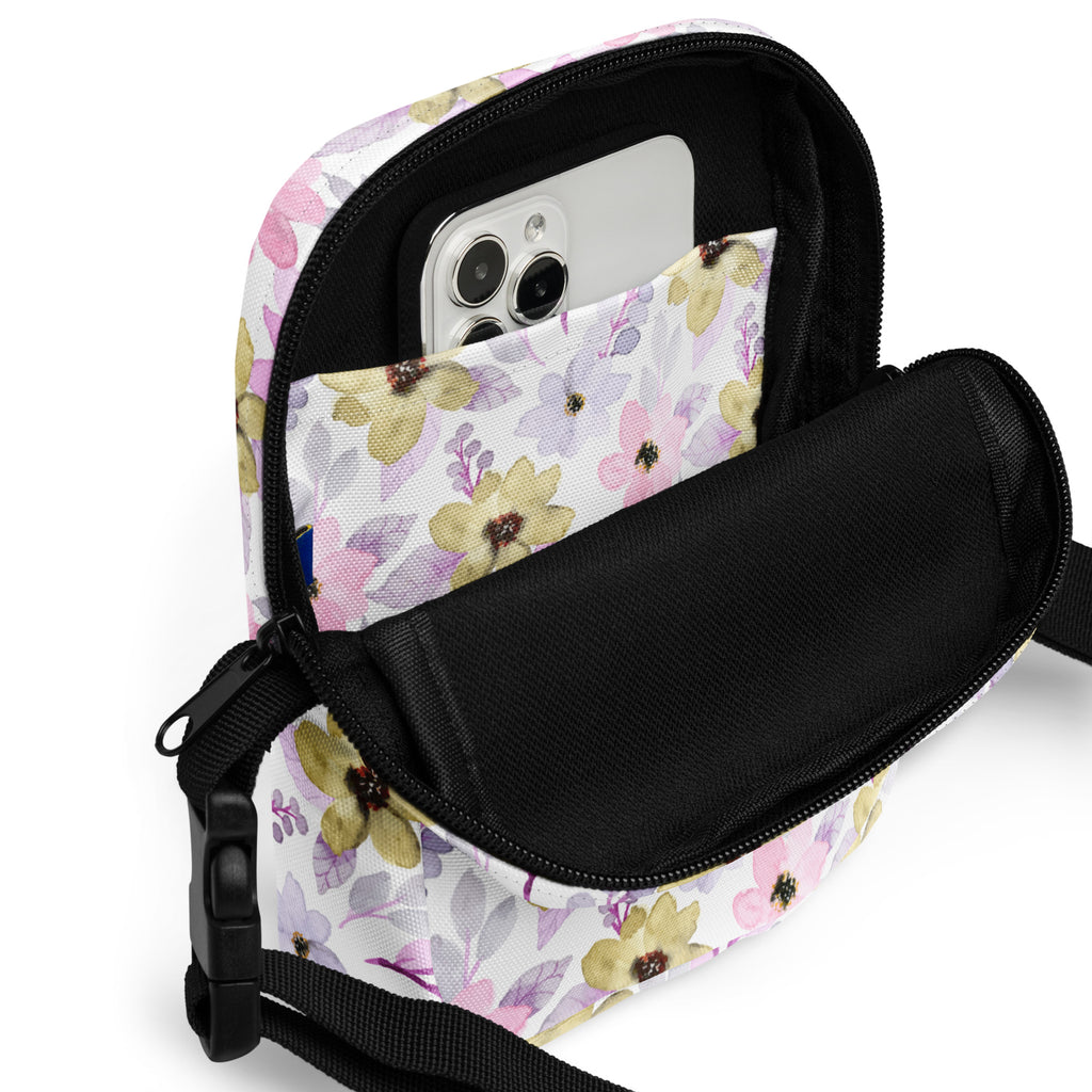 Pastel Watercolor Floral Crossbody Bag – Water Resistant Mini Purse With Adjustable Strap & Pockets