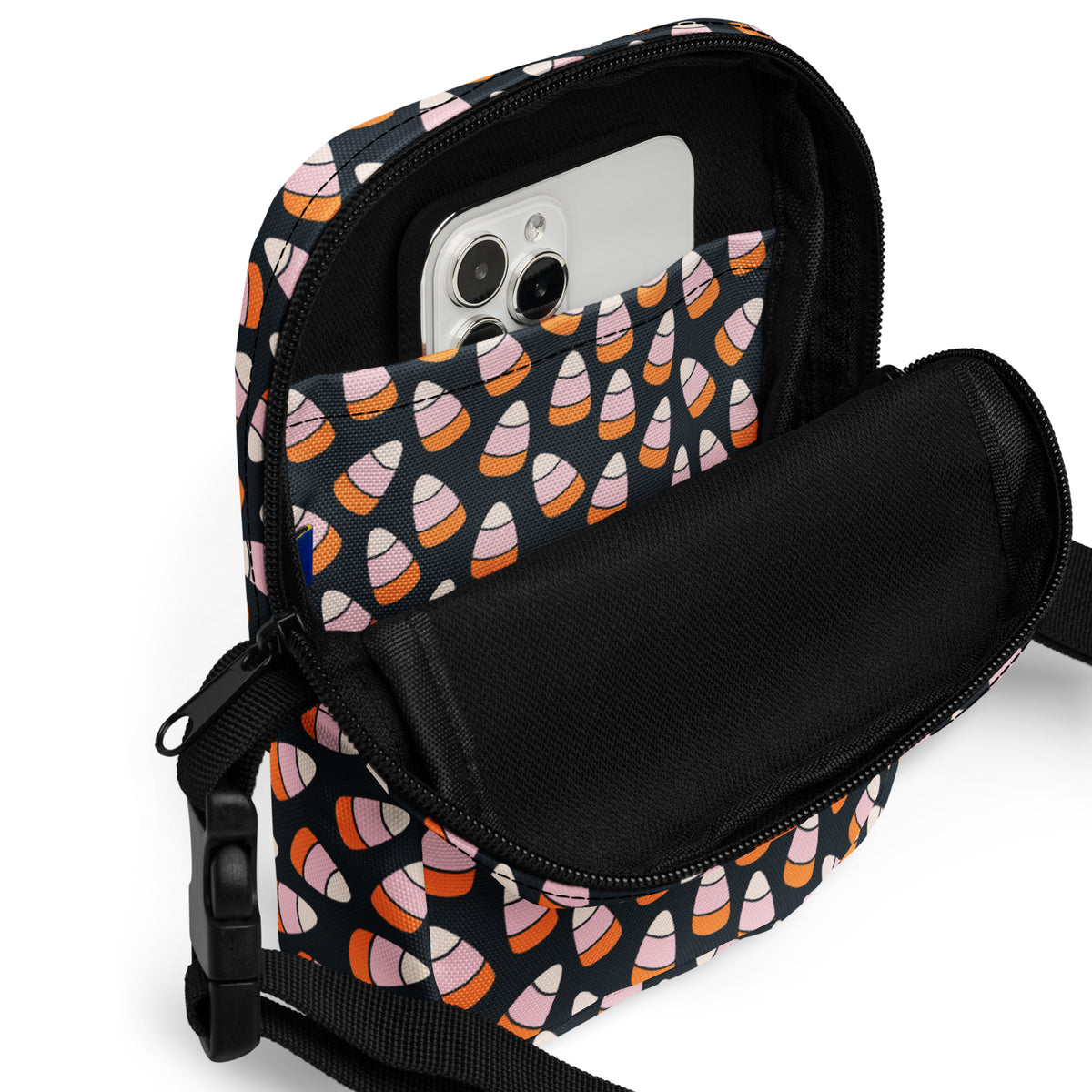 Pink & Orange Candy Corn Halloween Crossbody Bag – Water Resistant Mini Purse With Adjustable Strap & Pockets