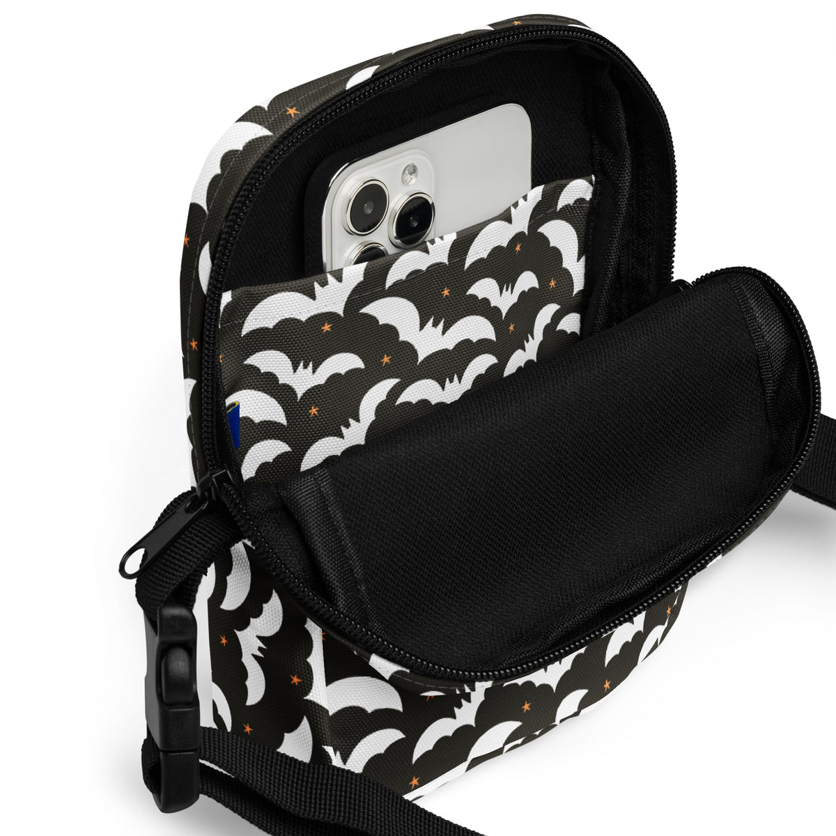 Black Bat Halloween Crossbody Bag – Water Resistant Mini Purse With Adjustable Strap & Pockets