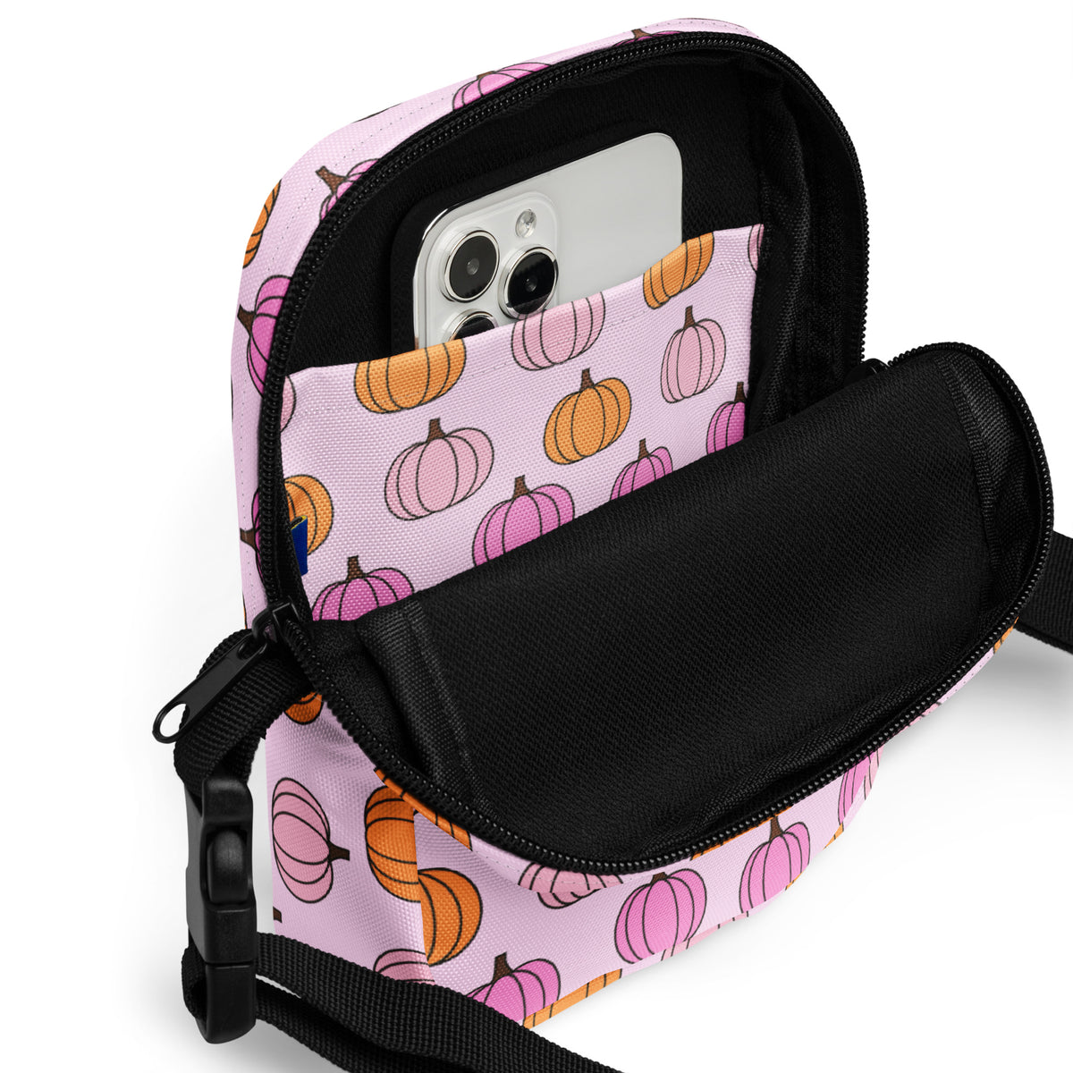 Pink Pumpkin Patch Crossbody Bag – Water Resistant Mini Purse With Adjustable Strap & Pockets