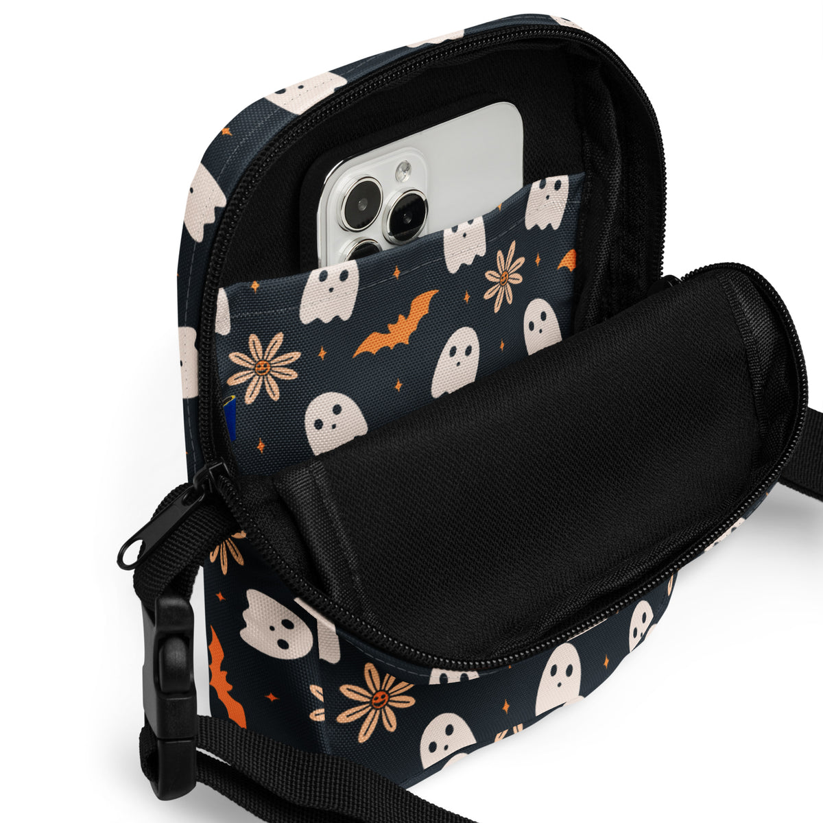 Floral Ghost & Bat Halloween Crossbody Bag – Water Resistant Mini Purse With Adjustable Strap & Pockets