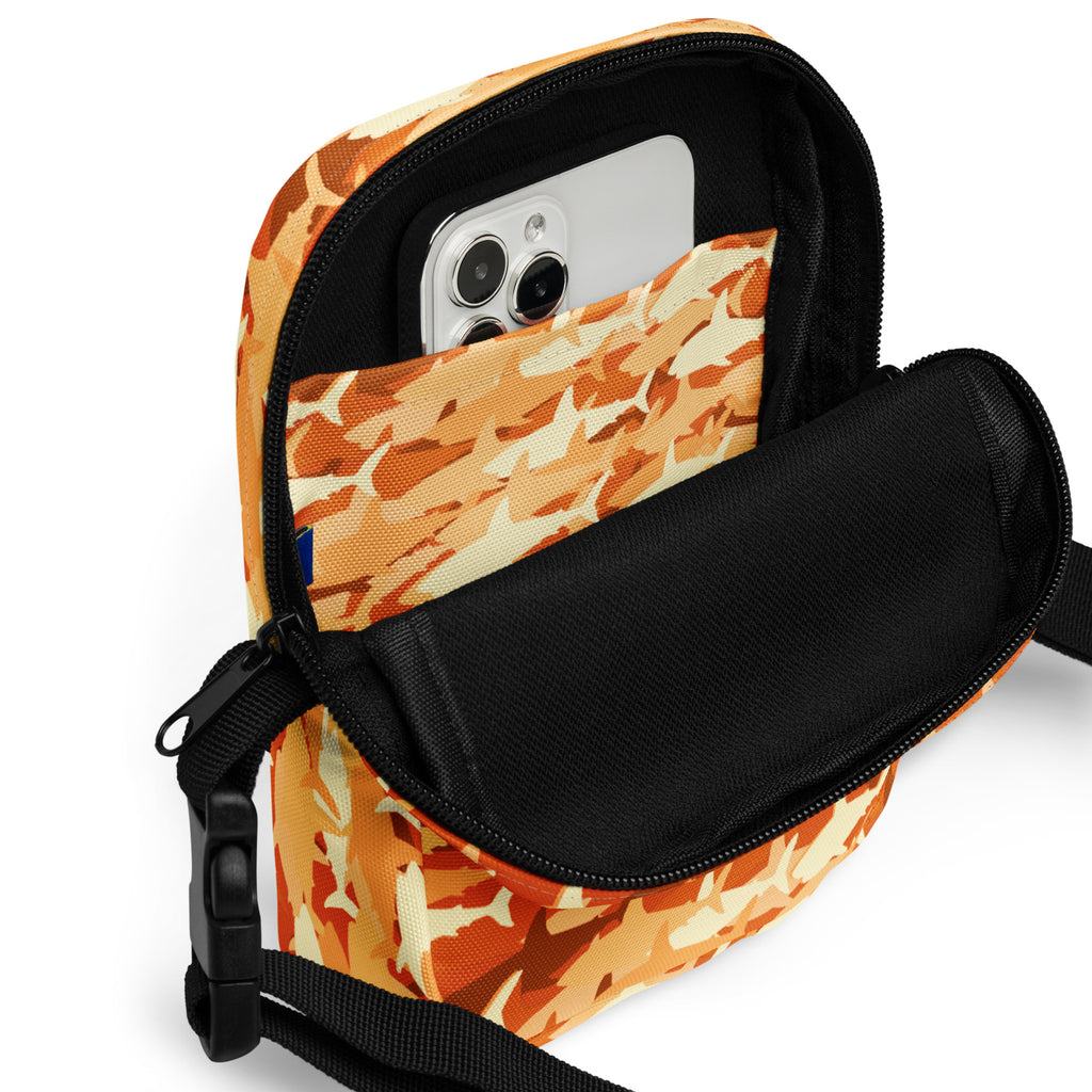 Girls Orange Shark Camouflage Crossbody Bag – Water Resistant Mini Purse With Adjustable Strap & Pockets