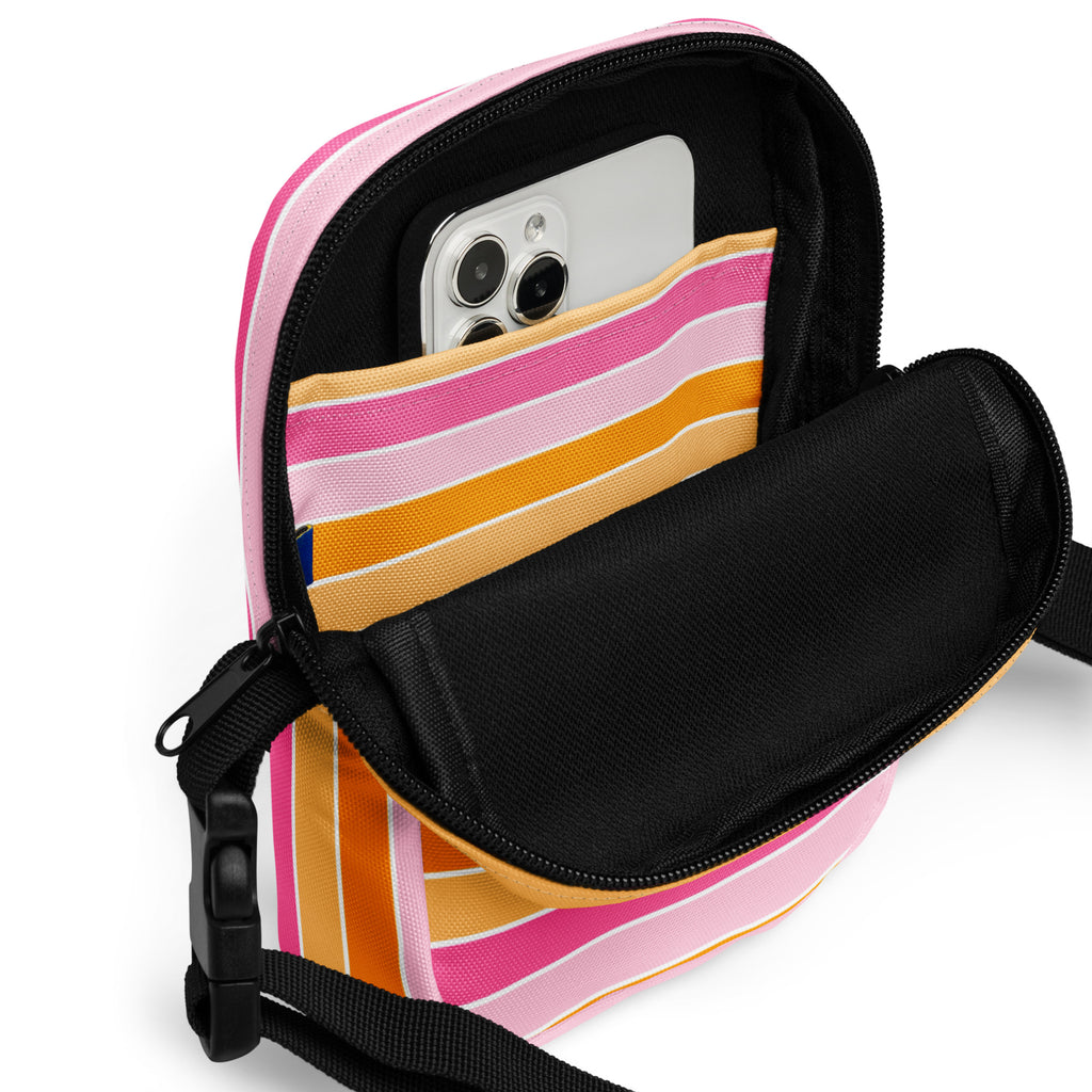 Girls Pink & Orange Striped Candy Corn Halloween Crossbody Bag – Water Resistant Mini Purse With Adjustable Strap & Pockets