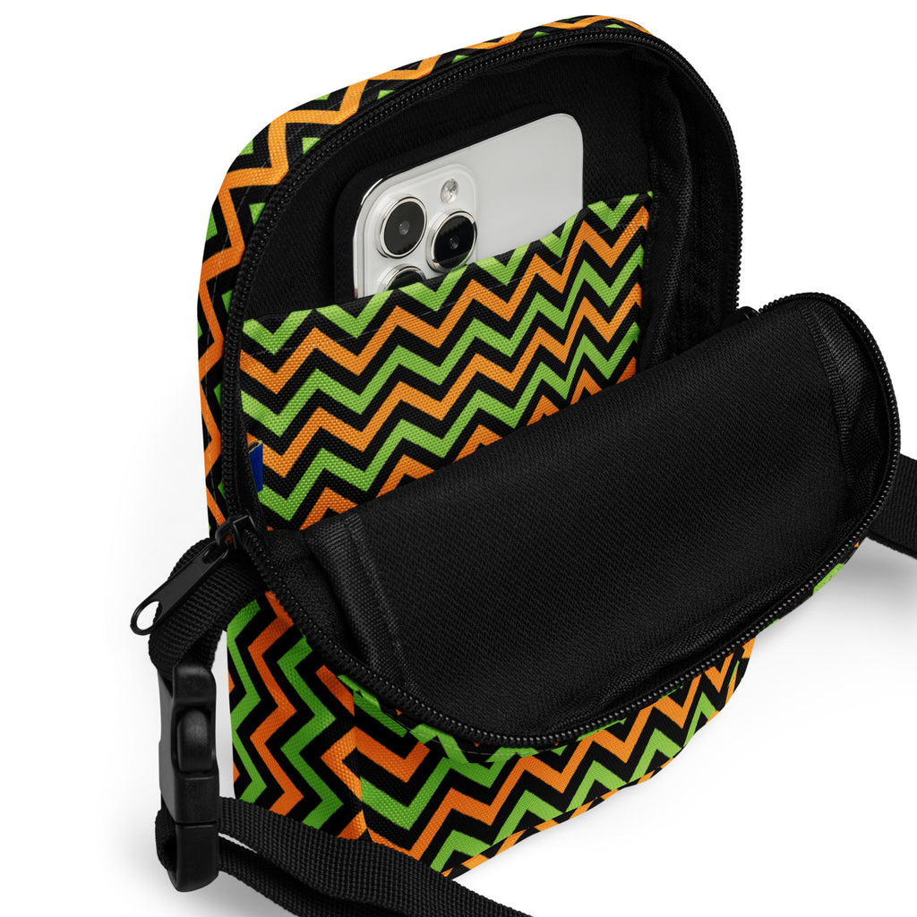 Orange & Green Chevron Halloween Crossbody Bag – Water Resistant Mini Purse With Adjustable Strap & Pockets