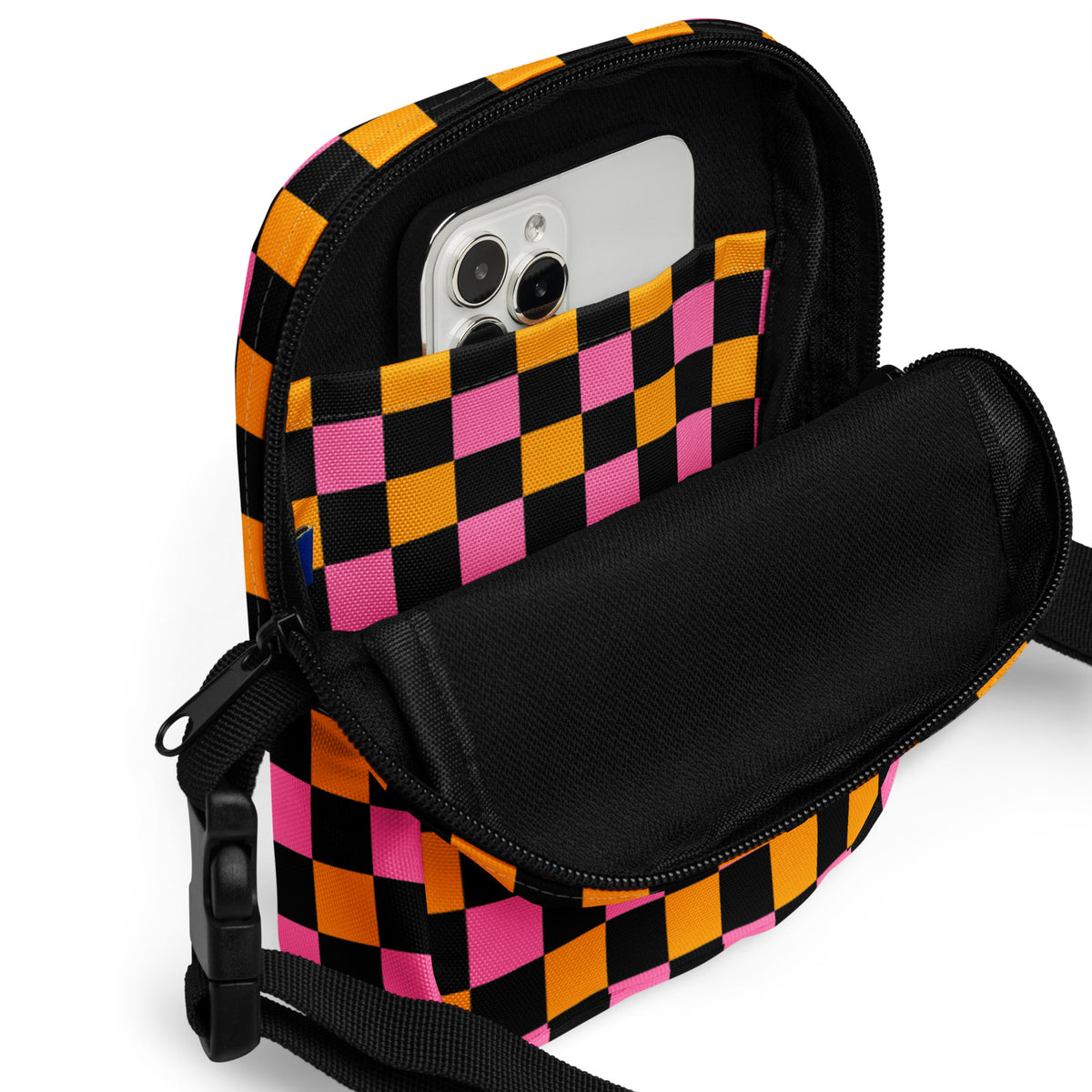 Pink & Orange Checkered Halloween Crossbody Bag – Water Resistant Mini Purse With Adjustable Strap & Pockets