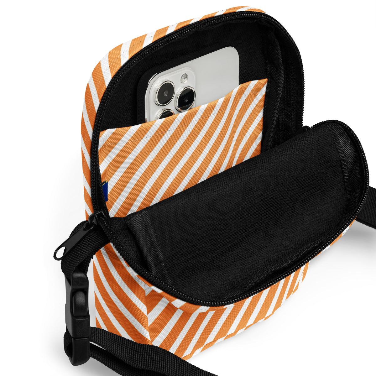 Orange & White Striped Halloween Crossbody Bag – Water Resistant Mini Purse With Adjustable Strap & Pockets