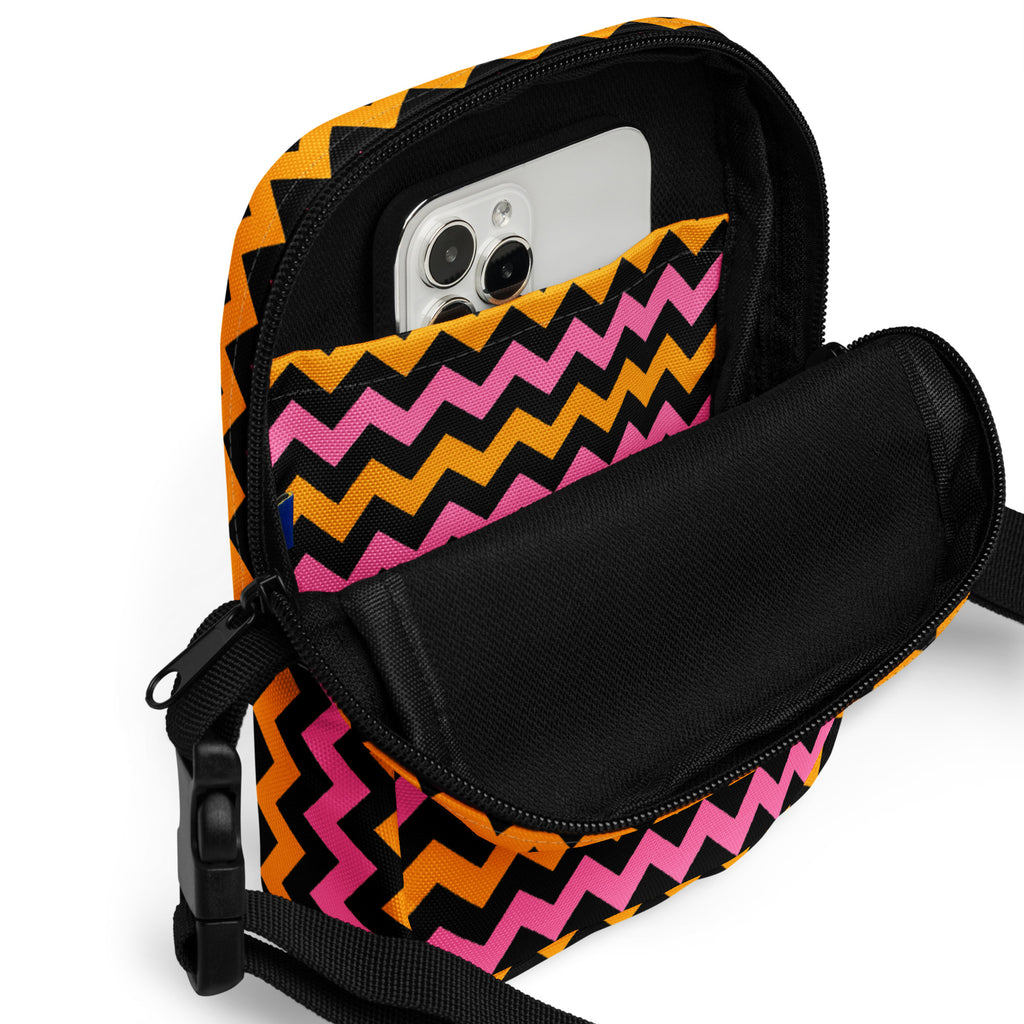 Pink & Orange Chevron Halloween Crossbody Bag – Water Resistant Mini Purse With Adjustable Strap & Pockets