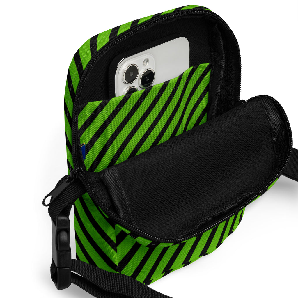 Green & Black Striped Halloween Crossbody Bag – Water Resistant Mini Purse With Adjustable Strap & Pockets
