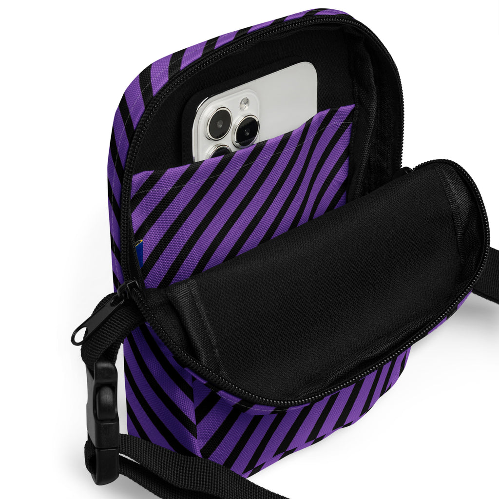 Purple & Black Striped Halloween Crossbody Bag – Water Resistant Mini Purse With Adjustable Strap & Pockets