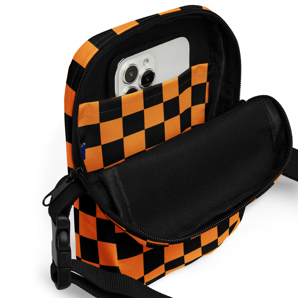 Orange Checkered Halloween Crossbody Bag – Water Resistant Mini Purse With Adjustable Strap & Pockets
