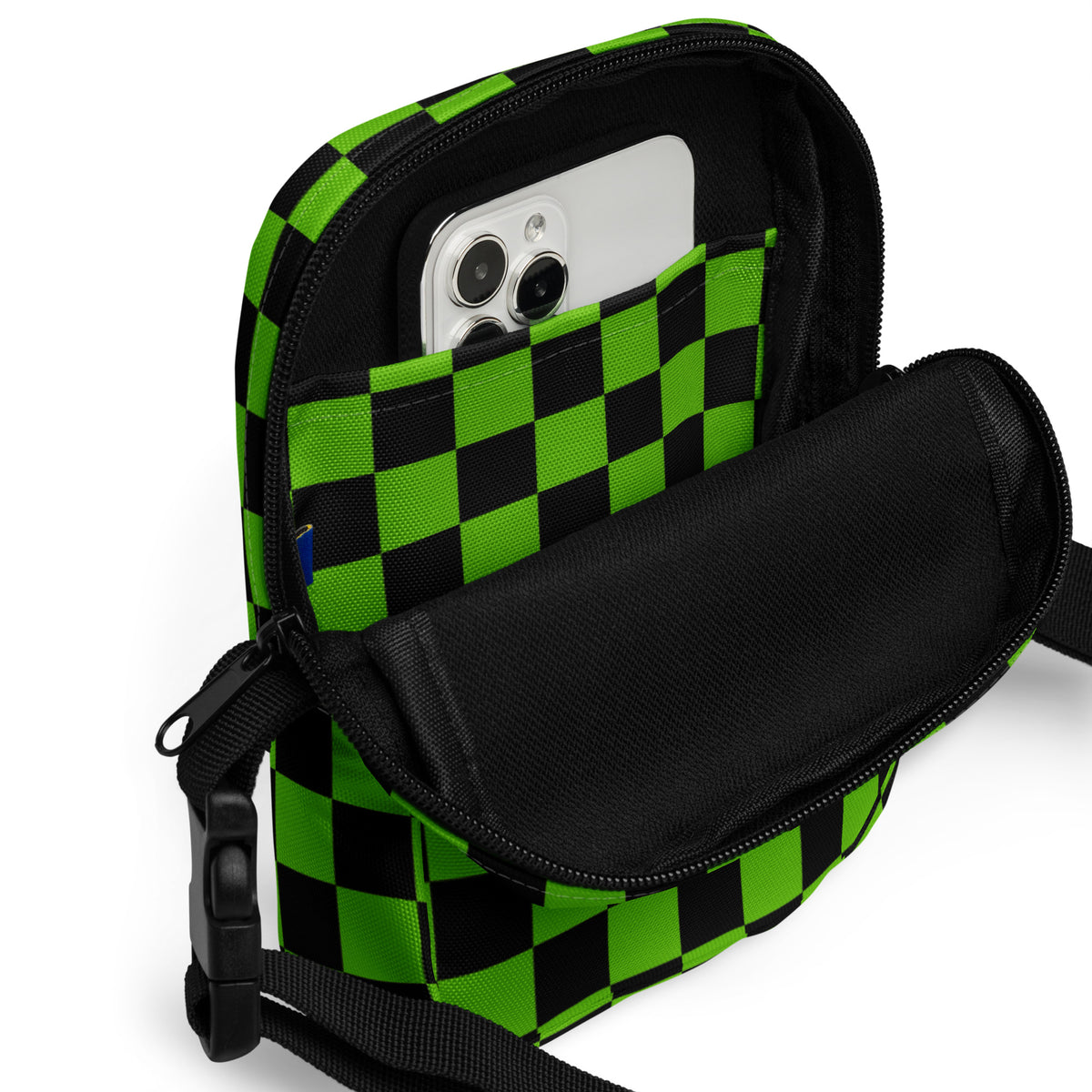 Green Checkered Halloween Crossbody Bag – Water Resistant Mini Purse With Adjustable Strap & Pockets