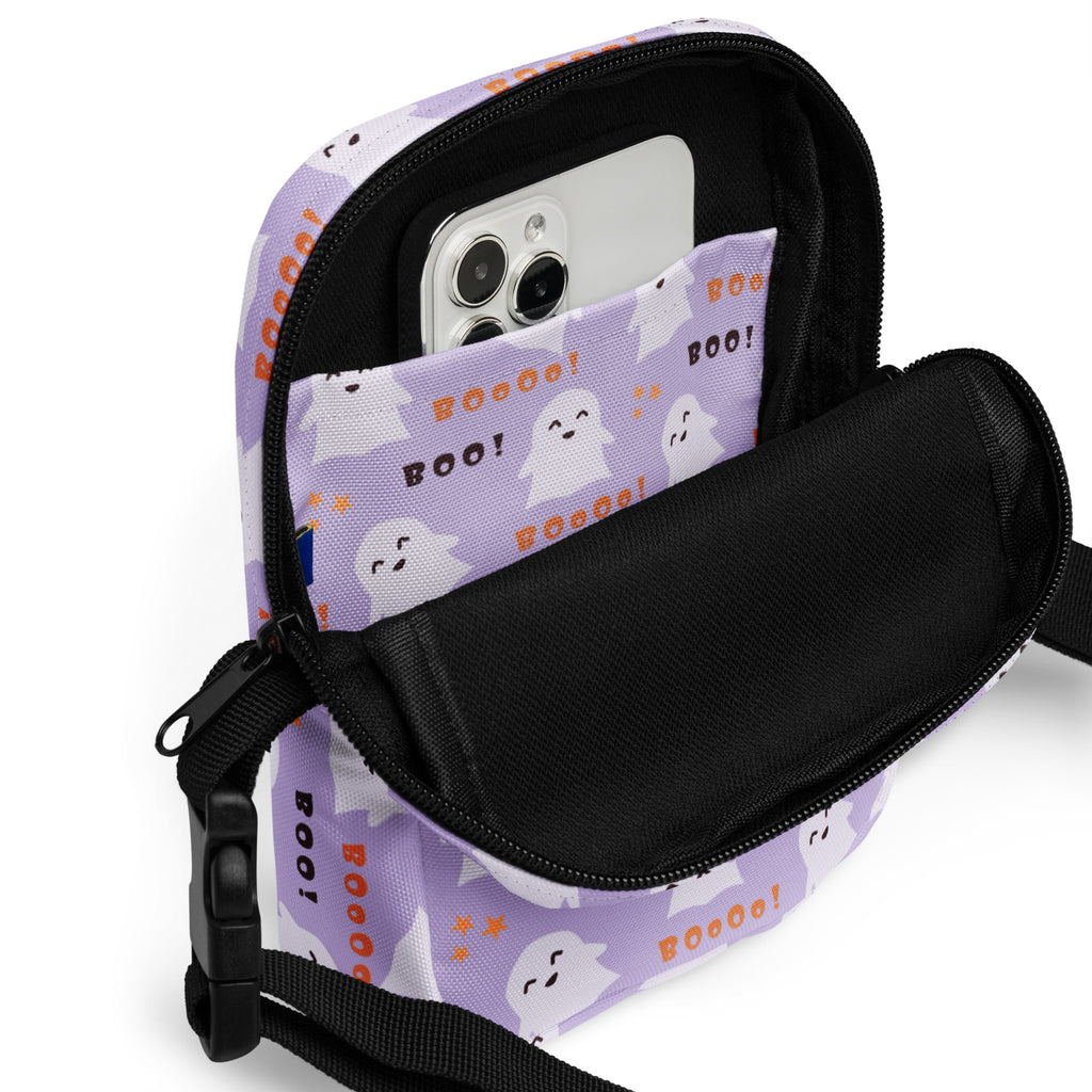 Girls Purple Ghost Halloween Crossbody Bag – Water Resistant Mini Purse With Adjustable Strap & Pockets