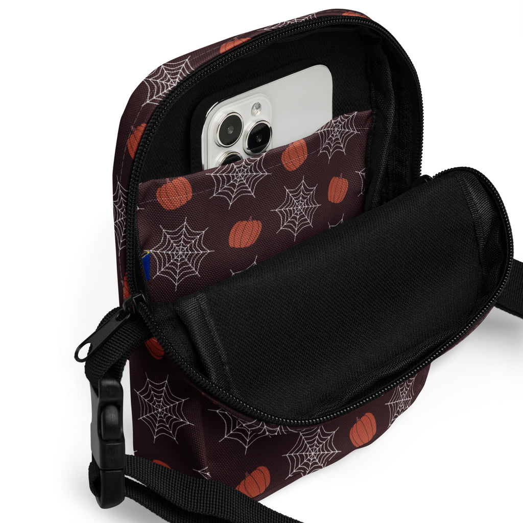 Pumpkin Spiderweb Halloween Crossbody Bag – Water Resistant Mini Purse With Adjustable Strap & Pockets