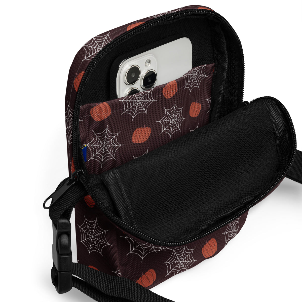 Pumpkin Spiderweb Halloween Crossbody Bag – Water Resistant Mini Purse With Adjustable Strap & Pockets