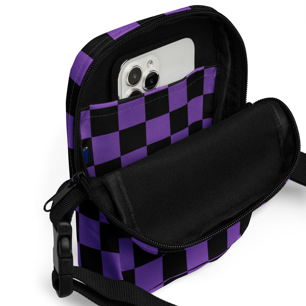 Purple Checkered Halloween Crossbody Bag – Water Resistant Mini Purse With Adjustable Strap & Pockets