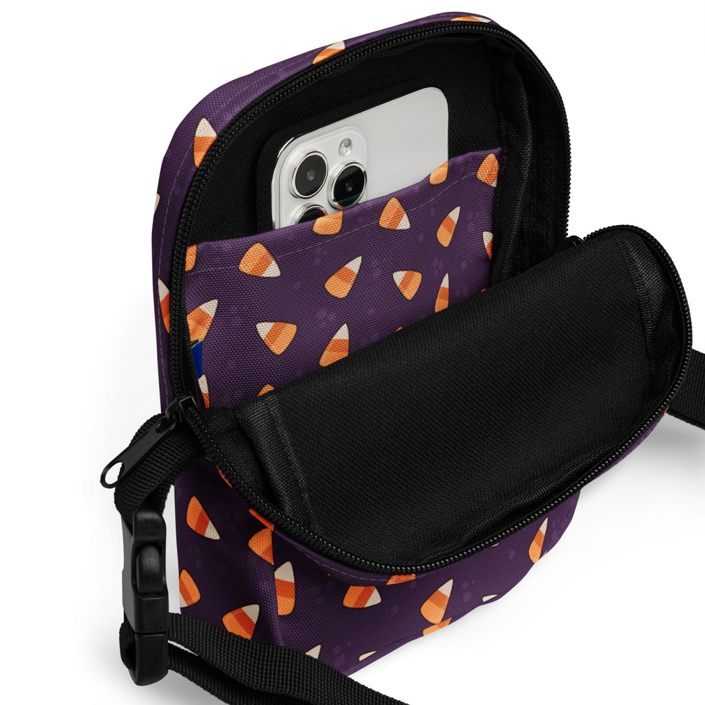 Purple Candy Corn Halloween Crossbody Bag – Water Resistant Mini Purse With Adjustable Strap & Pockets