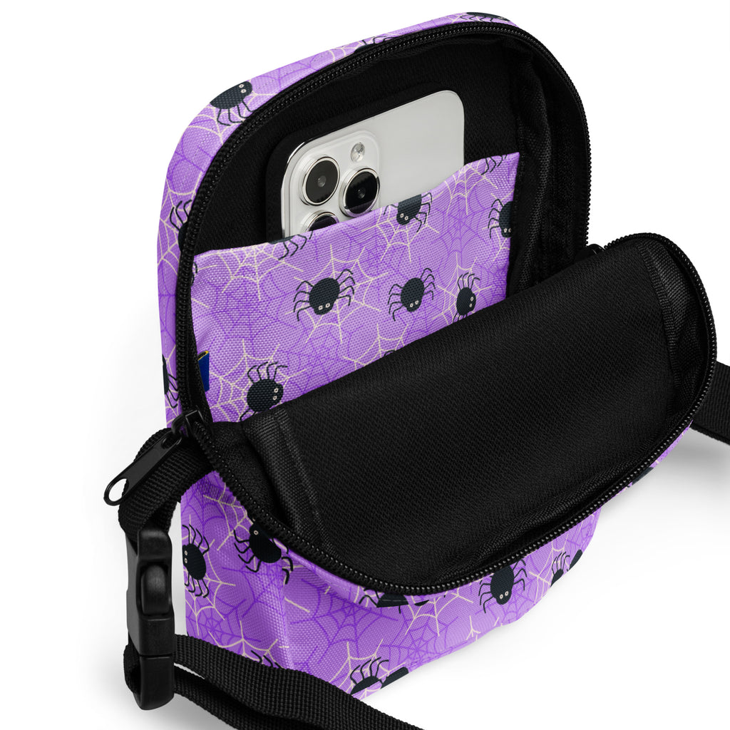 Purple Spider Web Halloween Crossbody Bag – Water Resistant Mini Purse With Adjustable Strap & Pockets