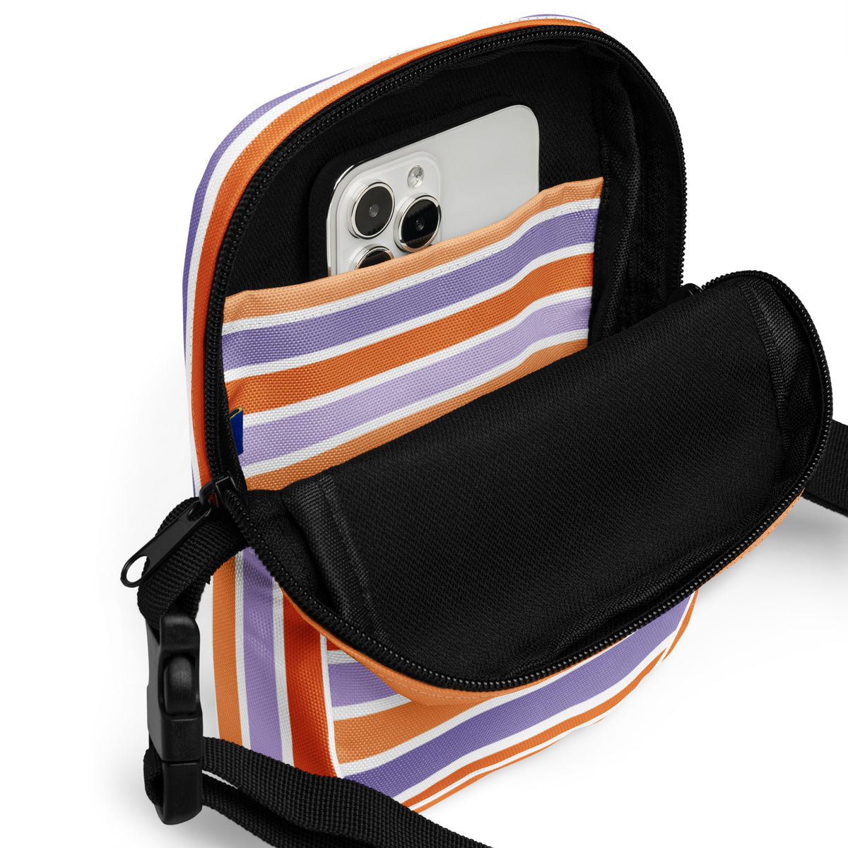 Purple Orange Striped Halloween Crossbody Bag – Water Resistant Mini Purse With Adjustable Strap & Pockets