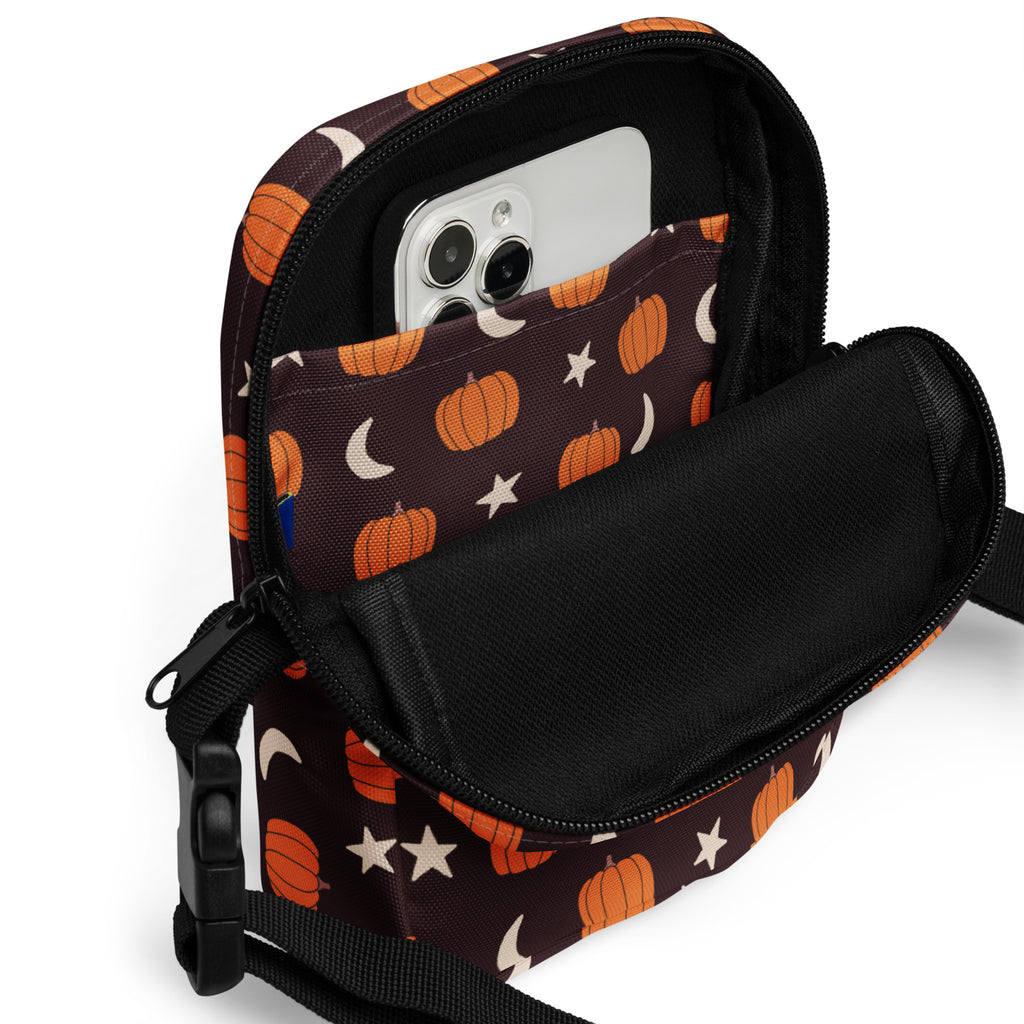 Pumpkin Moon Stars Halloween Crossbody Bag – Water Resistant Mini Purse With Adjustable Strap & Pockets