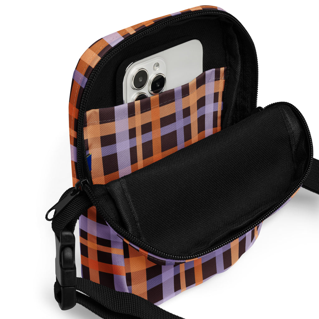 Orange & Purple Plaid Halloween Crossbody Bag – Water Resistant Mini Purse With Adjustable Strap & Pockets