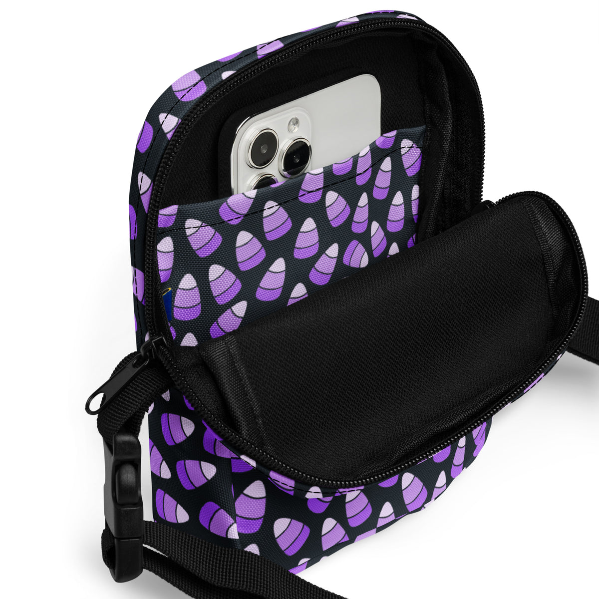 Purple Candy Corn Halloween Crossbody Bag – Water Resistant Mini Purse With Adjustable Strap & Pockets