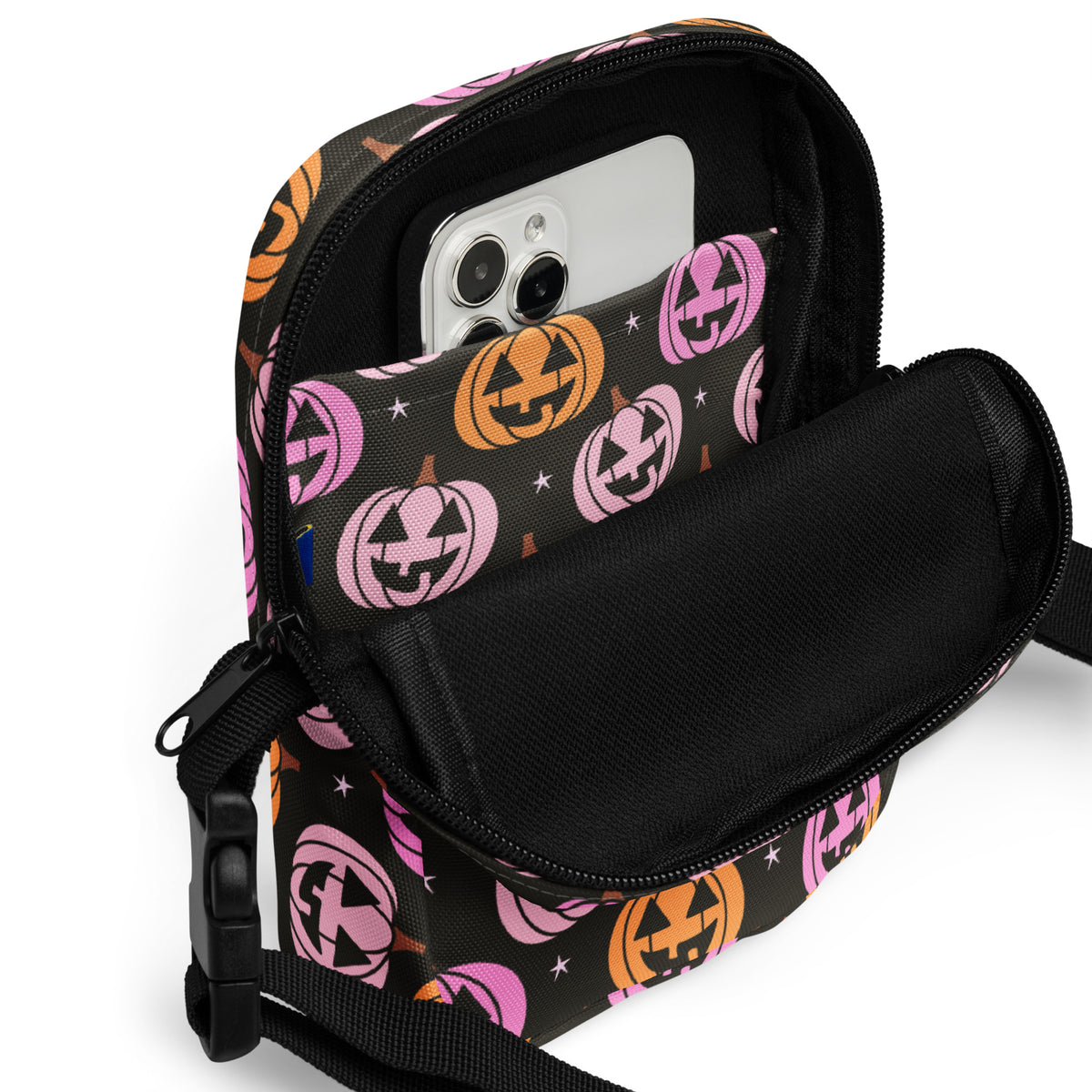 Pink & Orange Pumpkin Halloween Crossbody Bag – Water Resistant Mini Purse With Adjustable Strap & Pockets