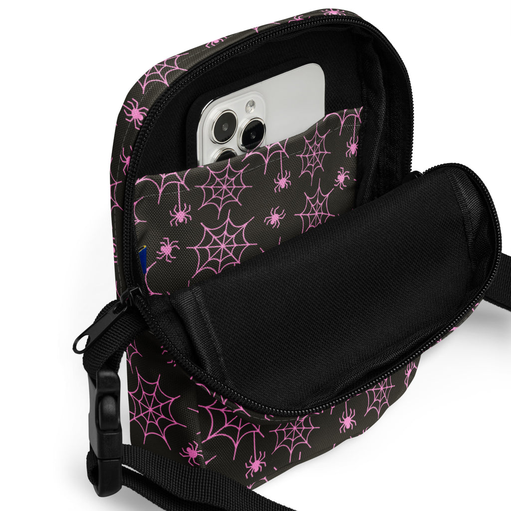 Pink Spider Web Halloween Crossbody Bag – Water Resistant Mini Purse With Adjustable Strap & Pockets