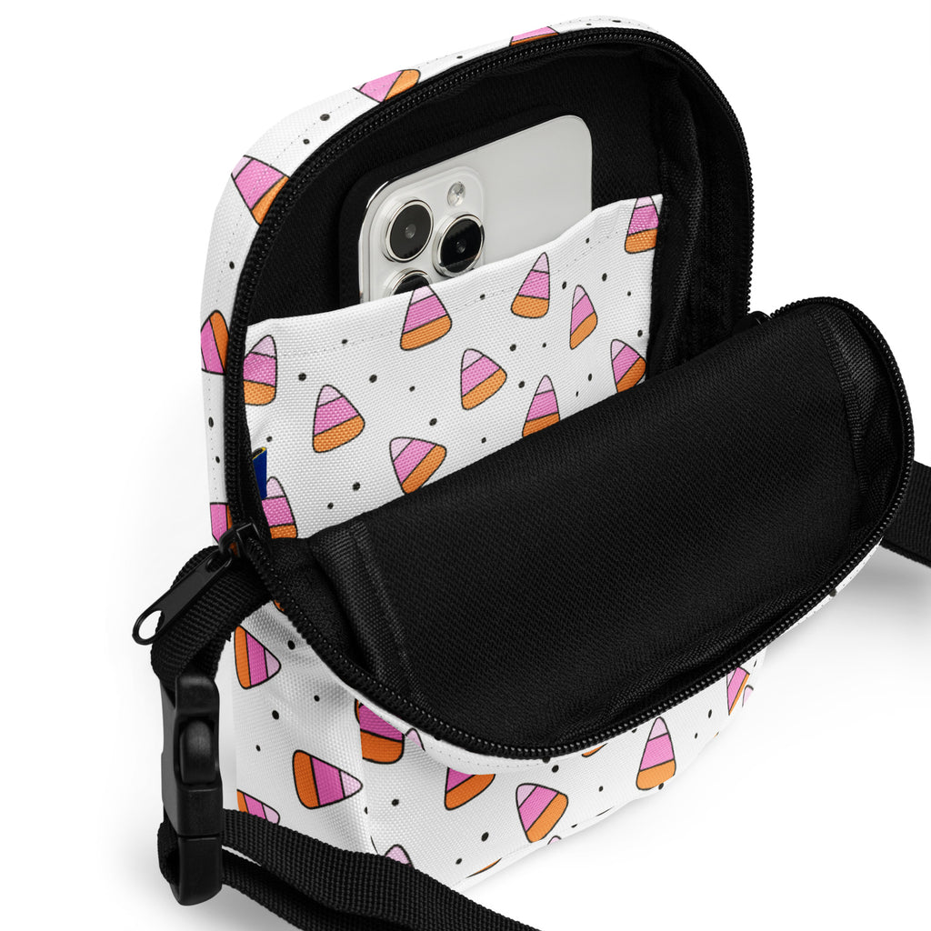 Pink Orange Candy Corn Halloween Crossbody Bag – Water Resistant Mini Purse With Adjustable Strap & Pockets