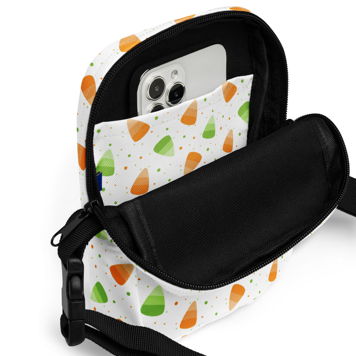 Orange & Green Candy Corn Halloween Crossbody Bag – Water Resistant Mini Purse With Adjustable Strap & Pockets