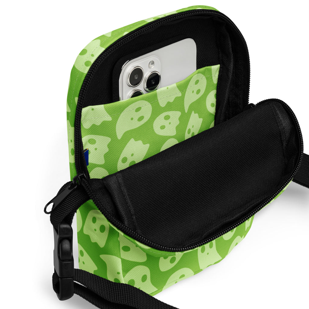 Green Ghosts Halloween Crossbody Bag – Water Resistant Mini Purse With Adjustable Strap & Pockets